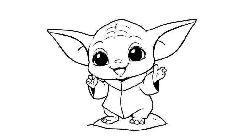 Grogu waving hello, a black and white color panel.