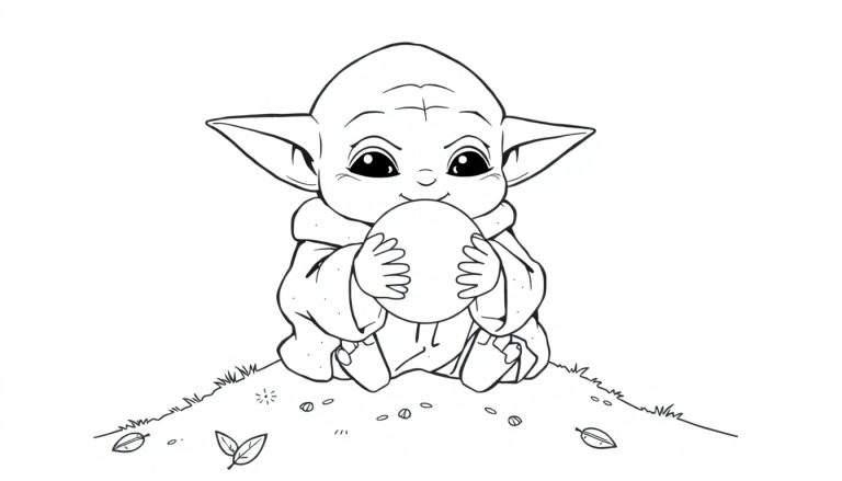 Grogu, the adorable Baby Yoda, sits on a grassy color panel, holding a glowing orb. This black and white coloring page features clear outlines.