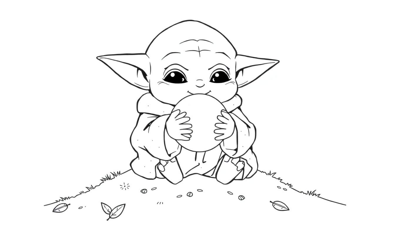 Grogu, the adorable Baby Yoda, sits on a grassy color panel, holding a glowing orb. This black and white coloring page features clear outlines.