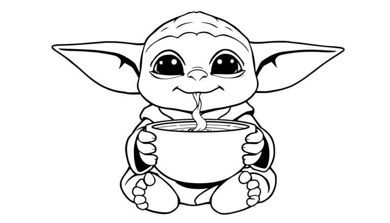 Grogu, also known as Baby Yoda, enjoys a warm bowl of soup in this black and white line drawing color panel.