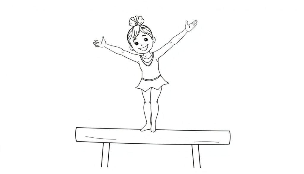 Young girl doing a cartwheel on a balance beam, a black and white color panel.