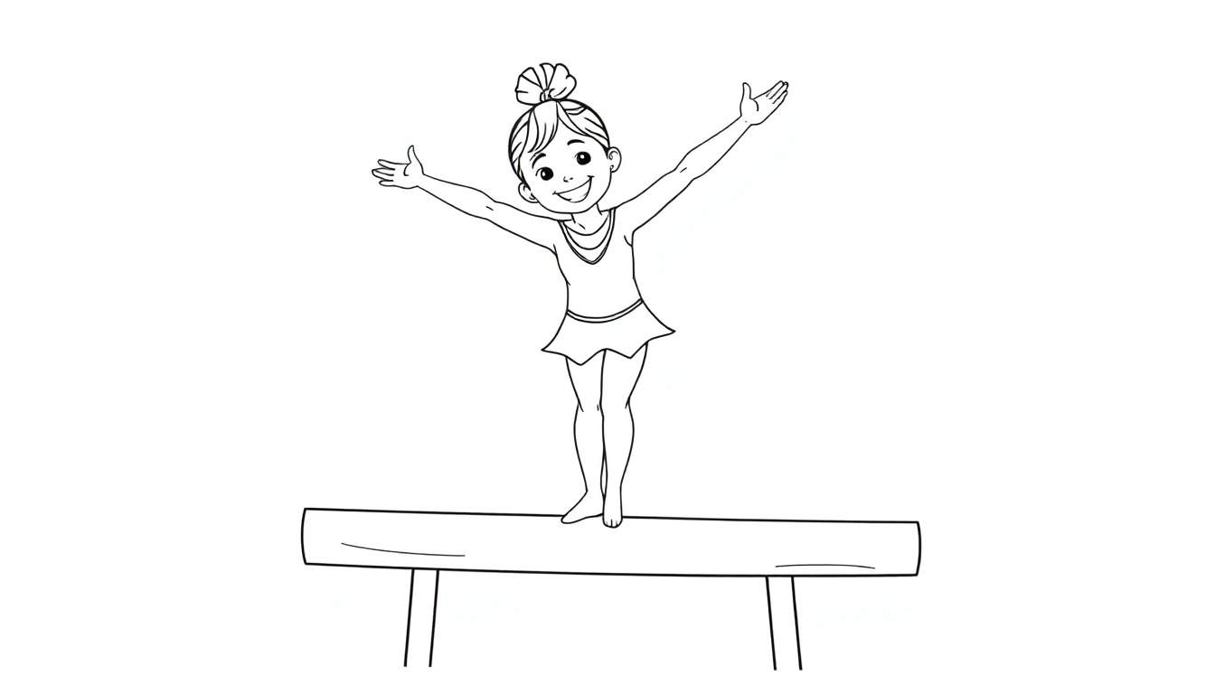 Young girl doing a cartwheel on a balance beam, a black and white color panel.