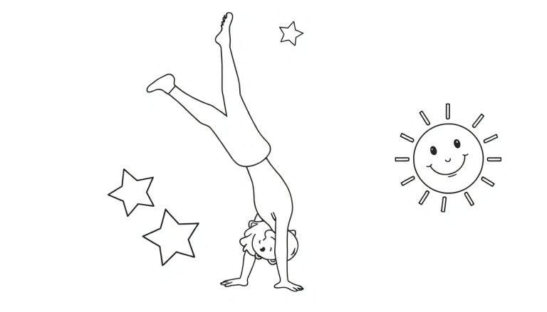 A black and white color panel drawing of a gymnast doing a handstand under a smiling sun and stars.