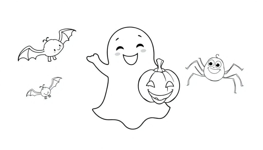 A friendly ghost holding a jack-o'-lantern, with bats and a spider, a fun color panel.