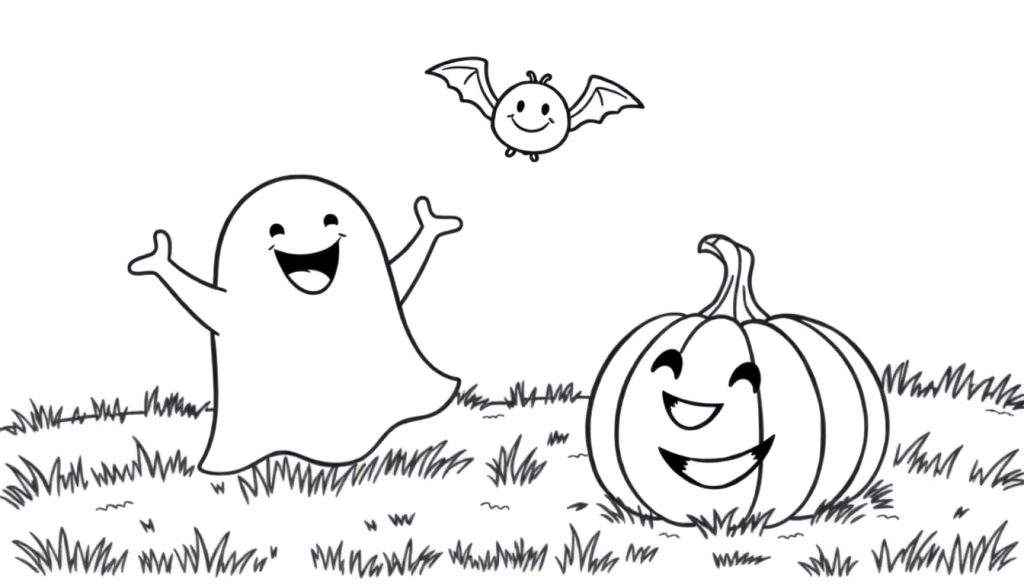 A cute black and white Halloween color panel featuring a friendly ghost, a smiling pumpkin, and a happy bat in a field of grass.