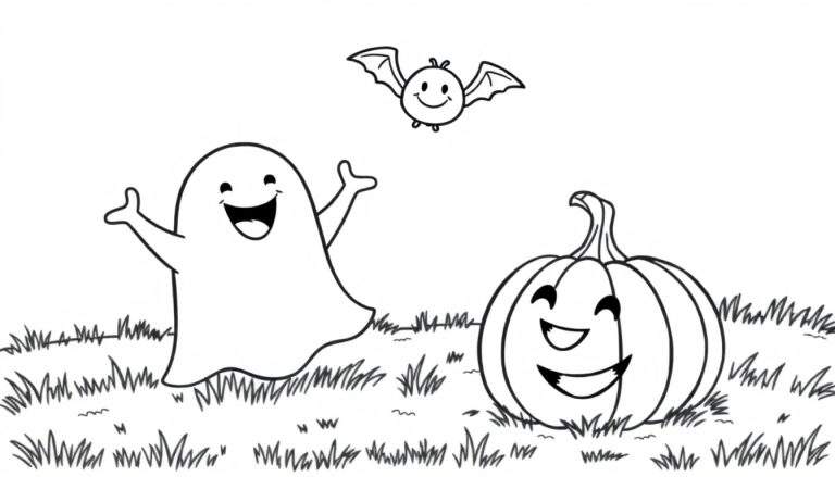 A cute black and white Halloween color panel featuring a friendly ghost, a smiling pumpkin, and a happy bat in a field of grass.