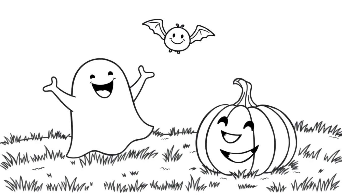 A cute black and white Halloween color panel featuring a friendly ghost, a smiling pumpkin, and a happy bat in a field of grass.