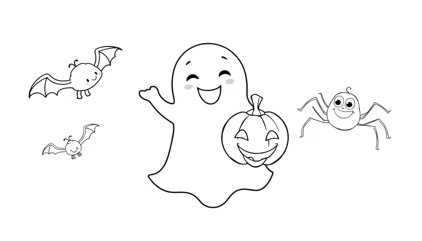 A friendly ghost holding a jack-o'-lantern, with bats and a spider, a fun color panel.