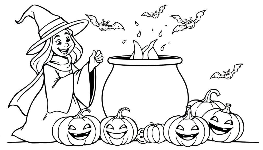 A friendly witch giving a thumbs-up next to a cauldron, with bats and pumpkins, for a black and white color panel.