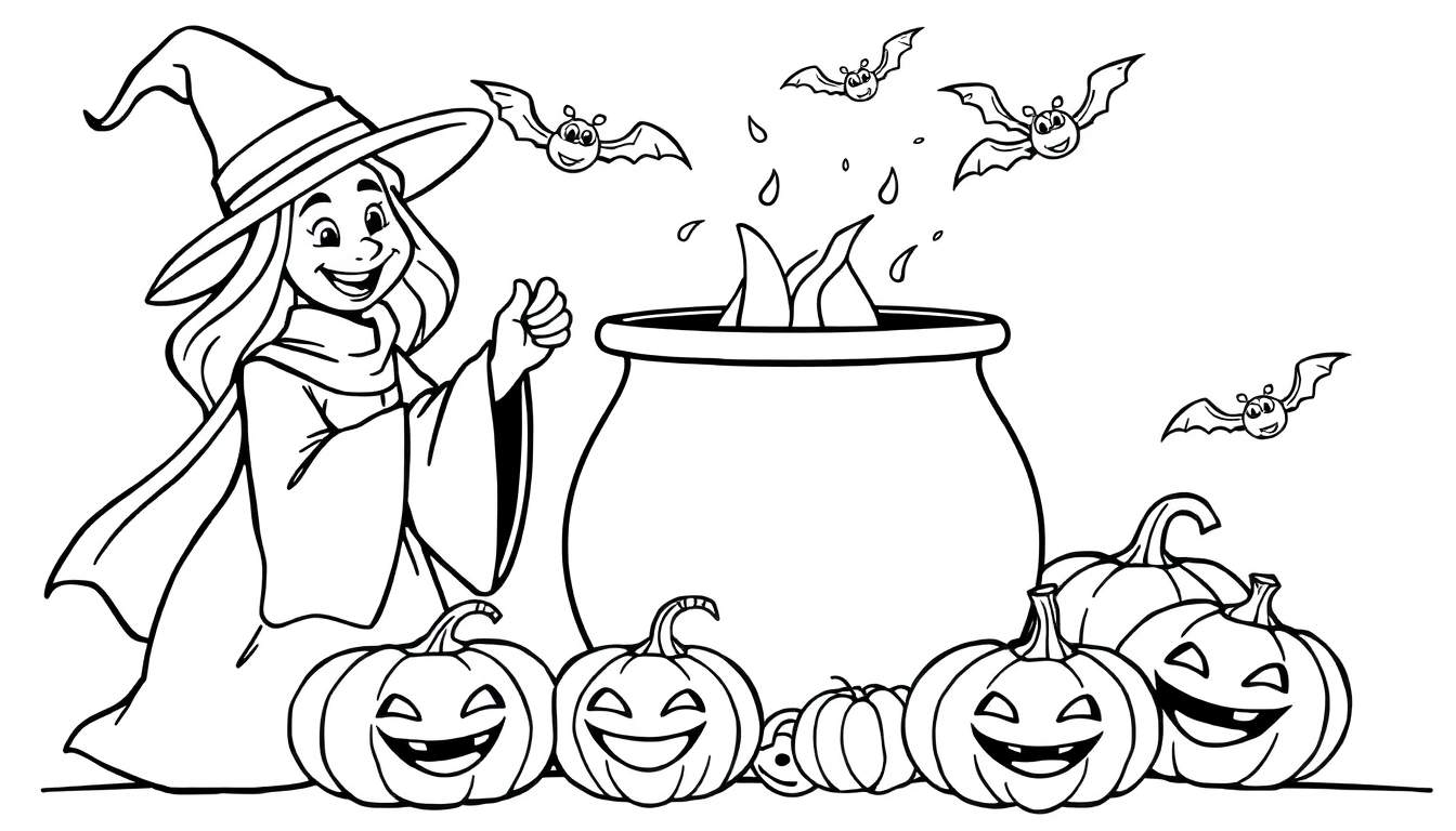 A friendly witch giving a thumbs-up next to a cauldron, with bats and pumpkins, for a black and white color panel.