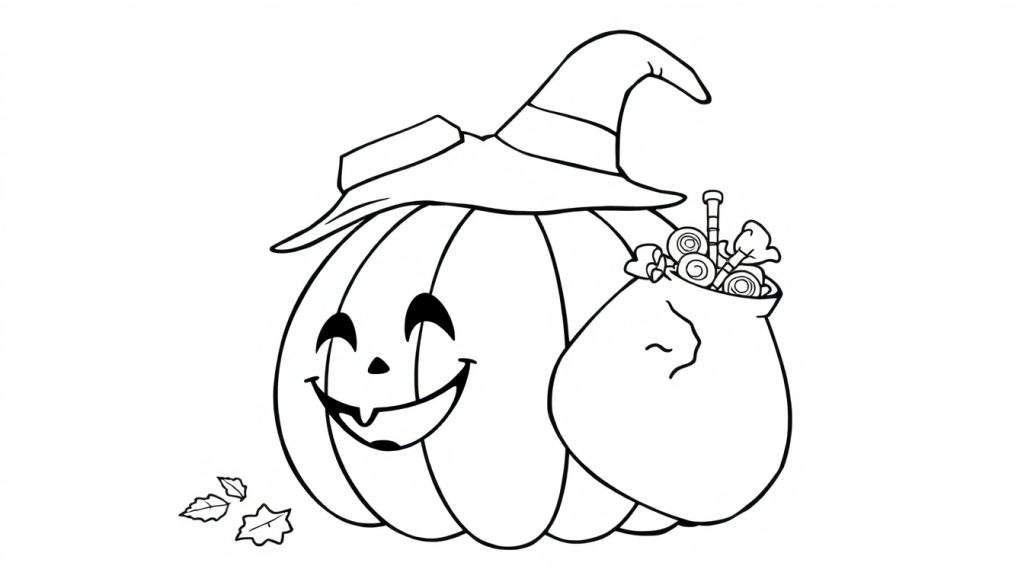 A black and white coloring page of a smiling pumpkin with a witch's hat and candy bag, perfect for a Halloween color panel.