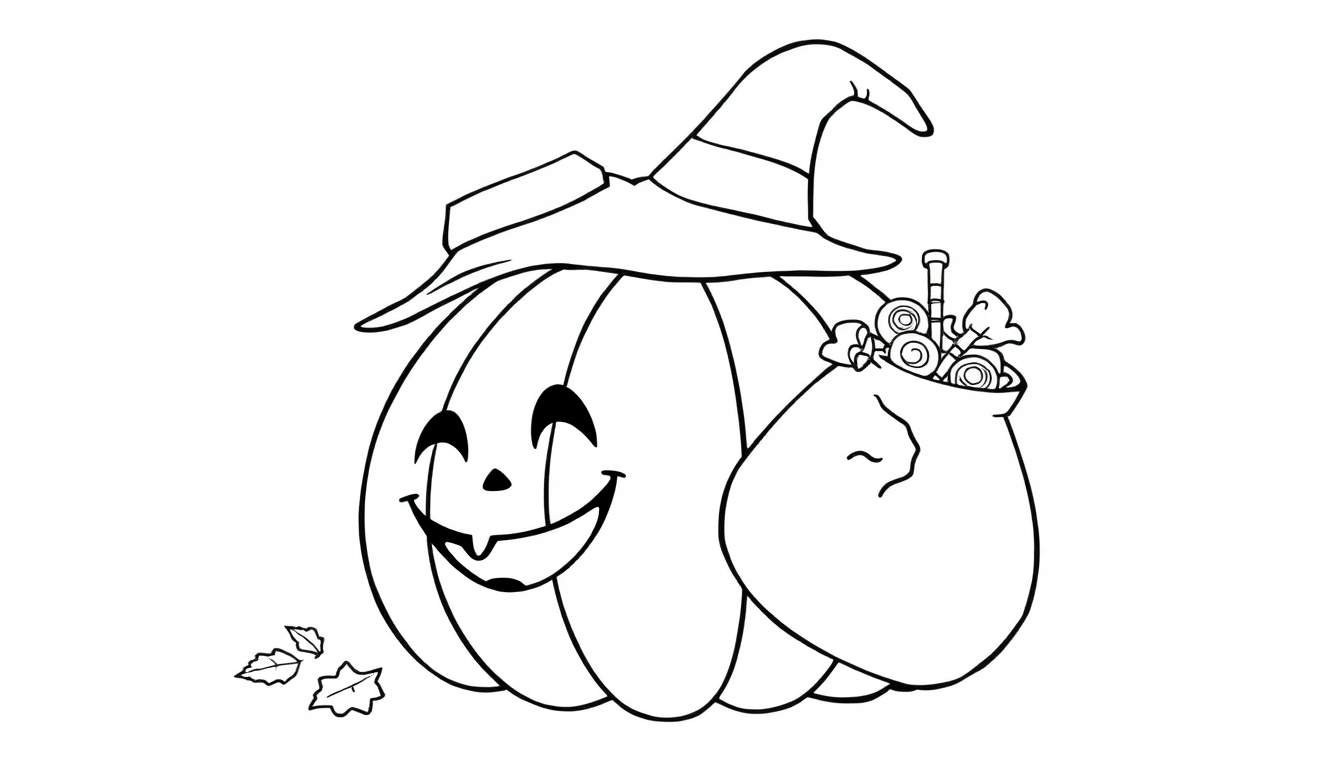 A black and white coloring page of a smiling pumpkin with a witch's hat and candy bag, perfect for a Halloween color panel.