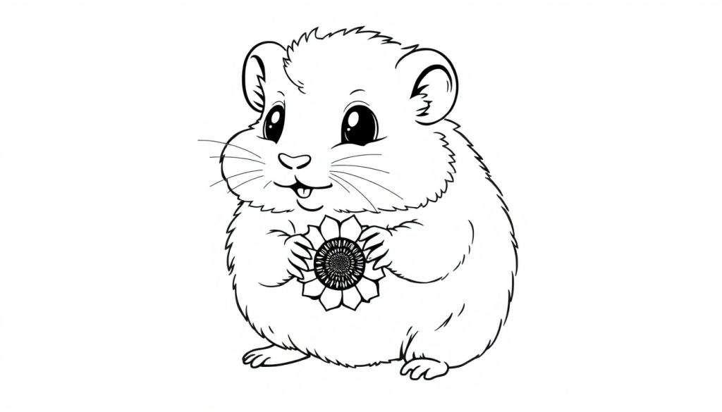 A cute fluffy hamster with big eyes, holding a sunflower seed, on a black and white coloring page.