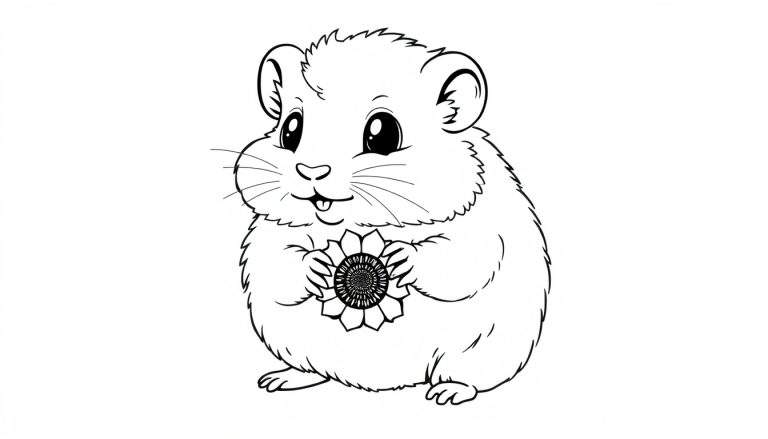 A cute fluffy hamster with big eyes, holding a sunflower seed, on a black and white coloring page.