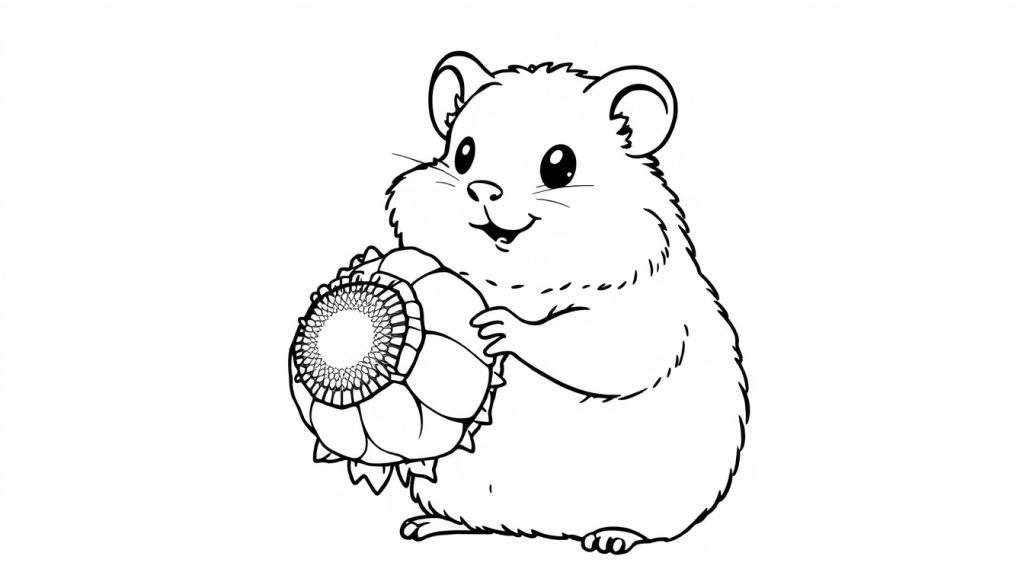 A cute hamster holding a sunflower, ready for coloring in this black and white color panel.