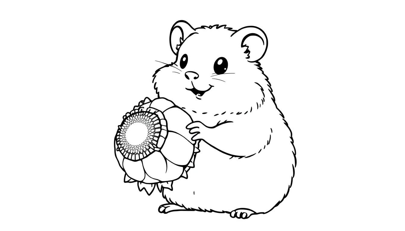 A cute hamster holding a sunflower, ready for coloring in this black and white color panel.