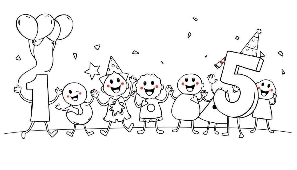 A black and white color panel of a '1' and '5' celebrating a birthday with five cartoon figures and confetti.