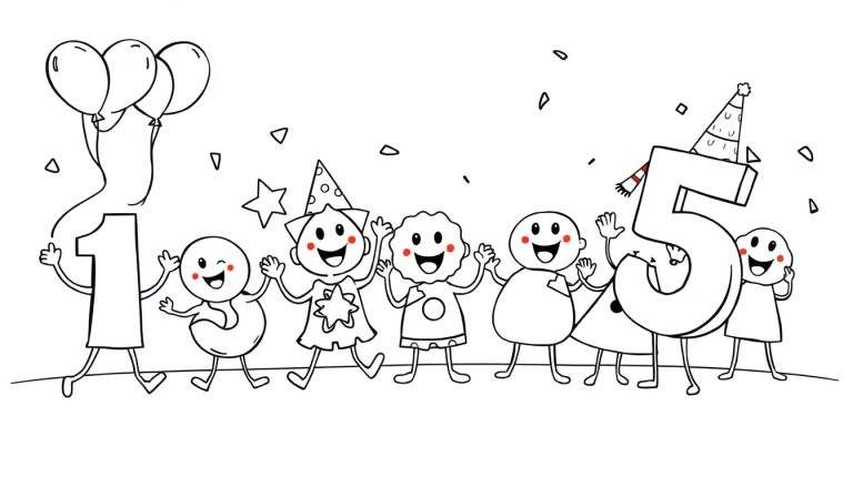 A black and white color panel of a '1' and '5' celebrating a birthday with five cartoon figures and confetti.