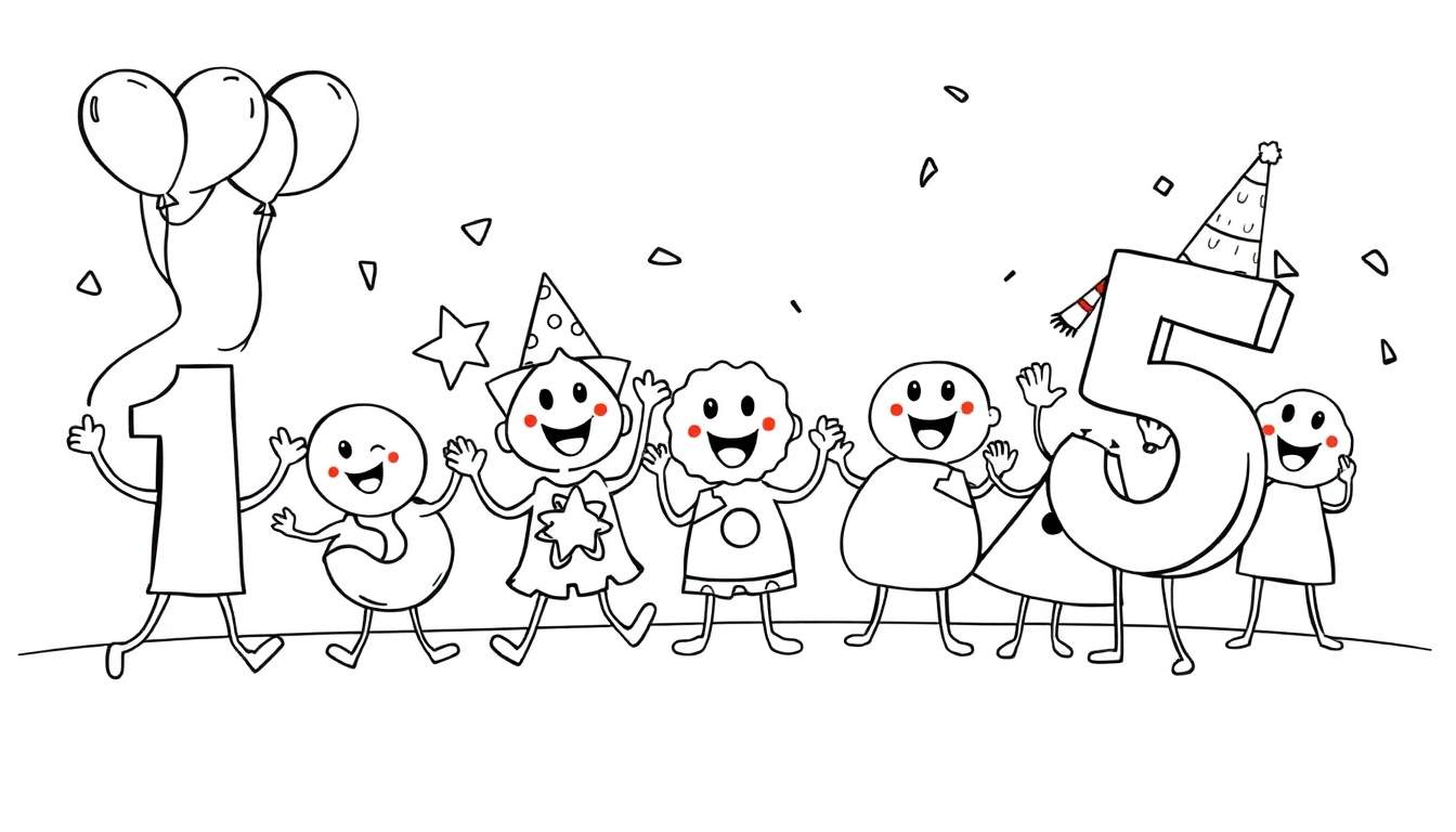 A black and white color panel of a '1' and '5' celebrating a birthday with five cartoon figures and confetti.