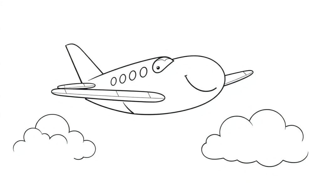 A happy cartoon airplane flying through clouds, a black and white color panel for kids.