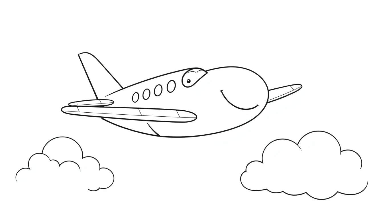 A happy cartoon airplane flying through clouds, a black and white color panel for kids.