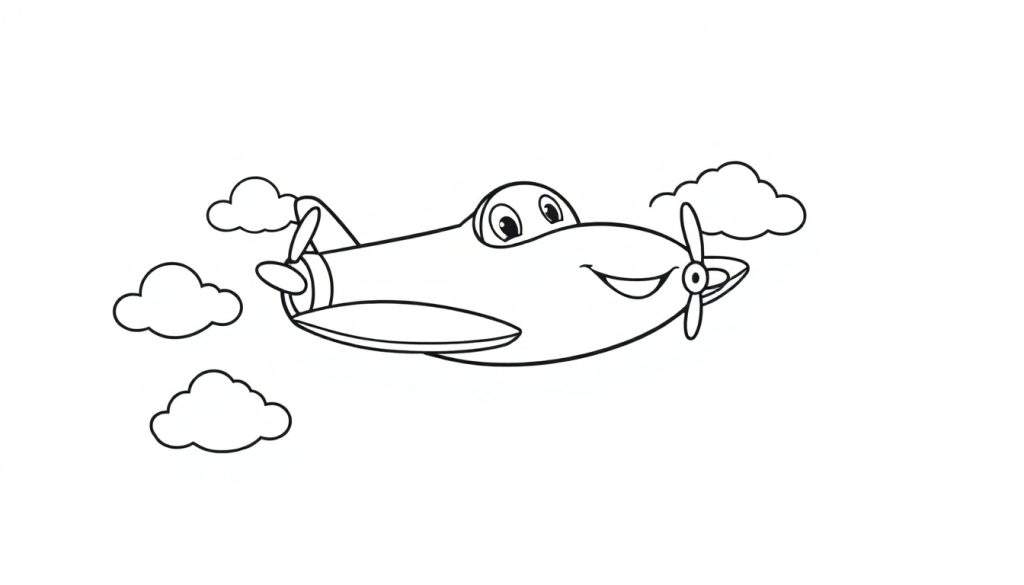 A happy cartoon airplane, part of a color panel, with a friendly smile and big eyes, flying amongst simple rounded clouds.