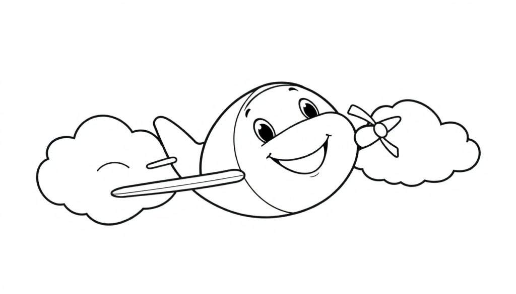 A cheerful cartoon airplane with a smiling face flies through a cloudy color panel.