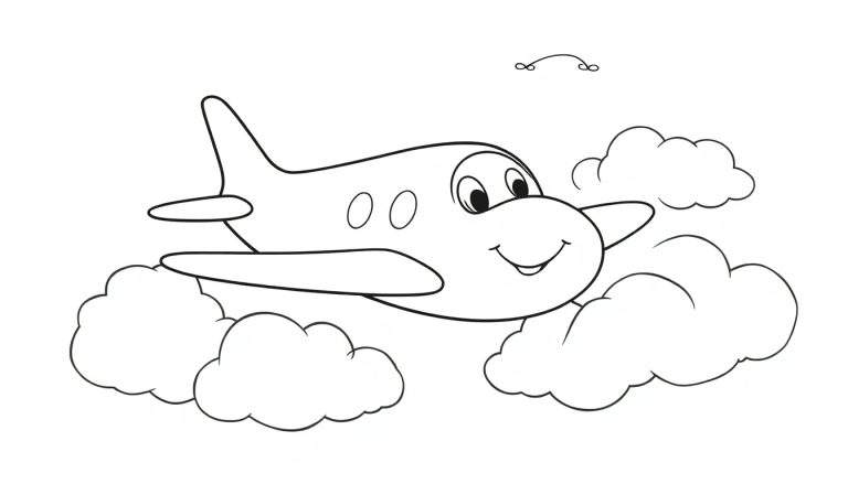 A friendly black and white cartoon airplane with a smiling face flying in the sky, a color panel for drawing.