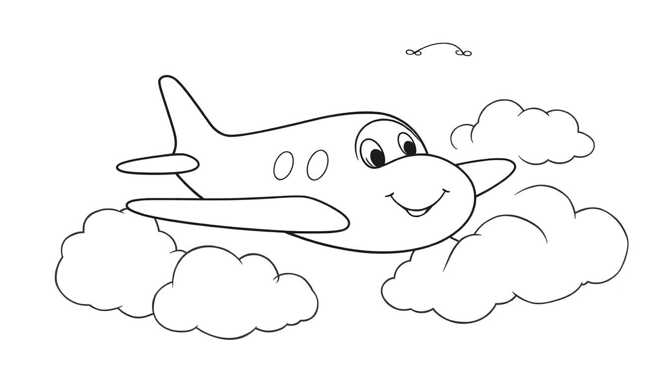 A friendly black and white cartoon airplane with a smiling face flying in the sky, a color panel for drawing.