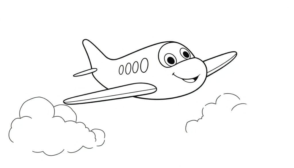 A friendly black and white cartoon airplane with a smiling face and four windows, flying through clouds. A fun color panel for kids!
