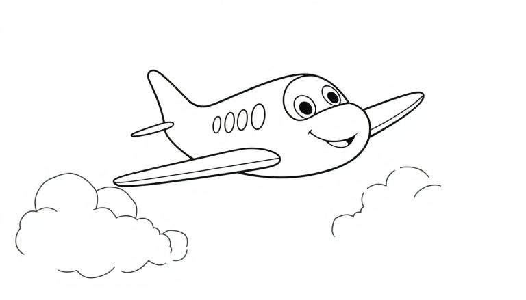 A friendly black and white cartoon airplane with a smiling face and four windows, flying through clouds. A fun color panel for kids!