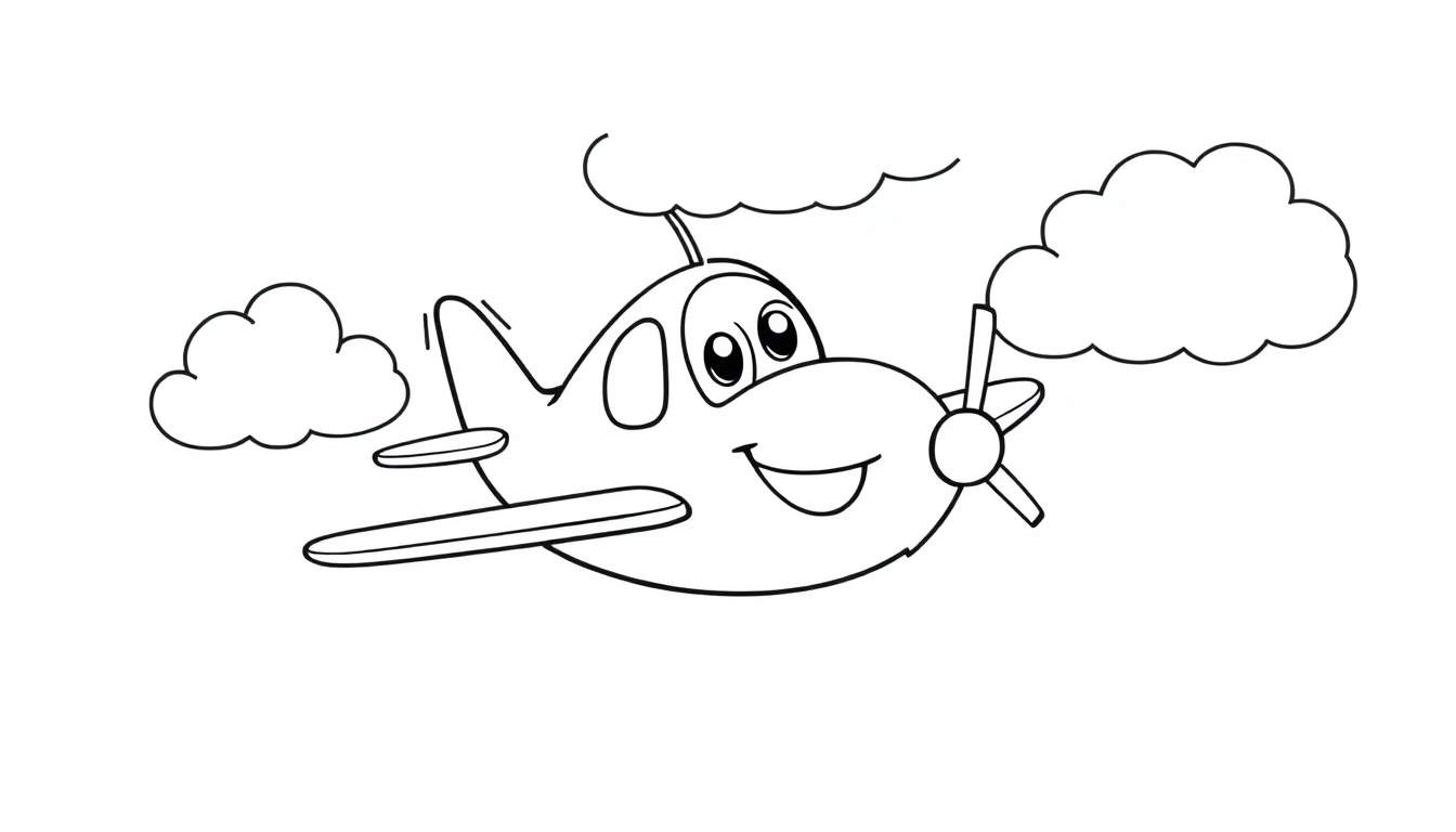 A friendly cartoon airplane with a smiling face flying through fluffy clouds, presented as a black and white color panel.