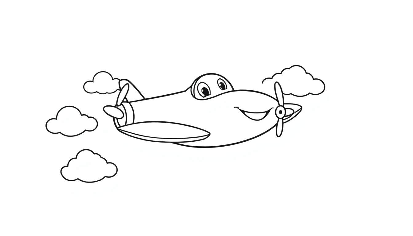 A happy cartoon airplane, part of a color panel, with a friendly smile and big eyes, flying amongst simple rounded clouds.