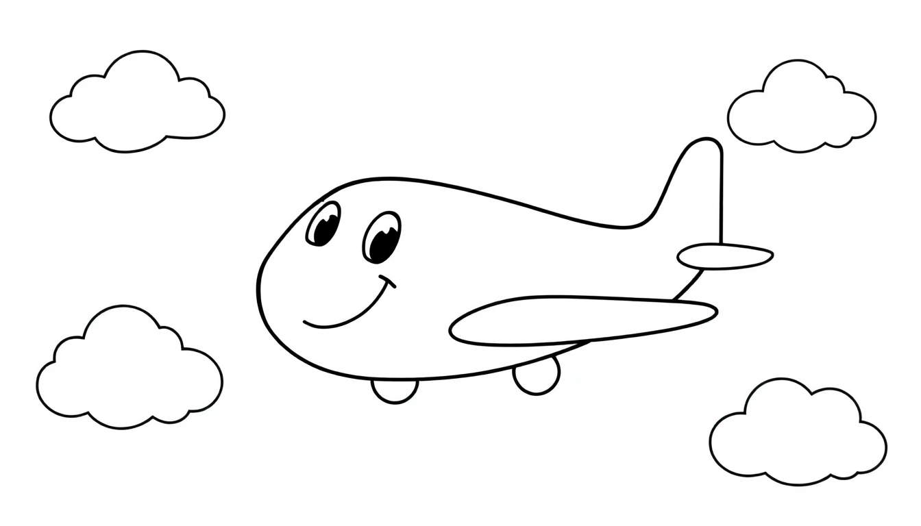 A smiling cartoon airplane coloring page, with fluffy clouds, ready for color panel fun.