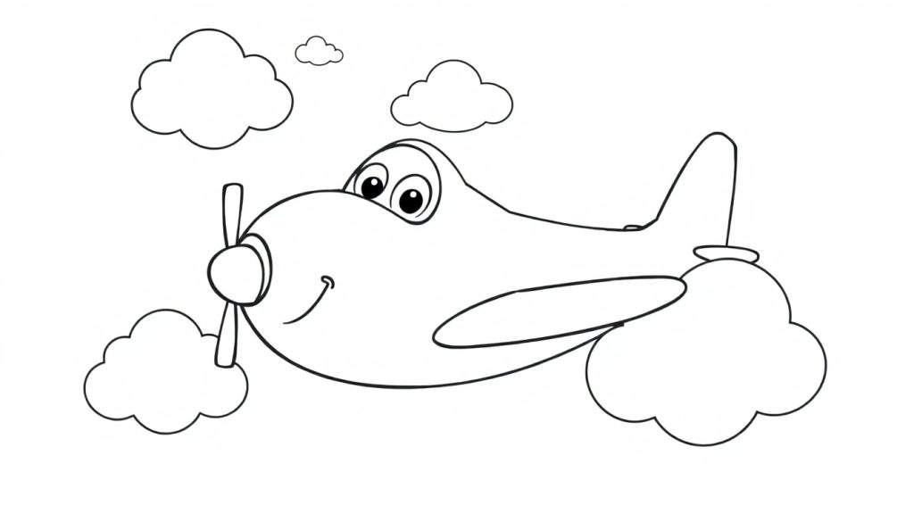 A friendly cartoon airplane with a smiling face flying through clouds, a black and white coloring panel.