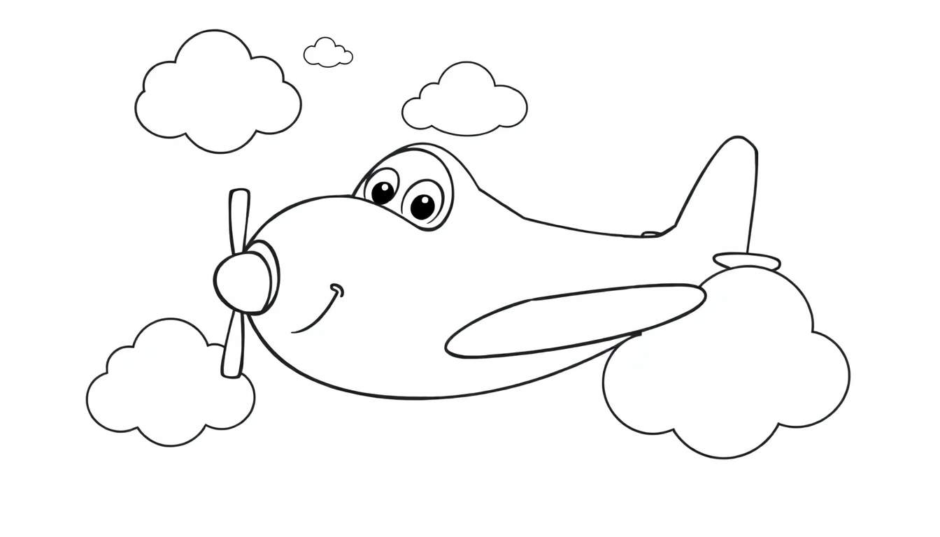A friendly cartoon airplane with a smiling face flying through clouds, a black and white coloring panel.