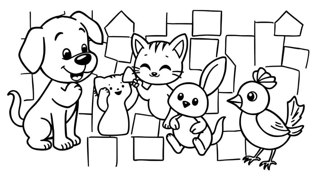 A whimsical color panel featuring a mosaic of cute animals, including a dog, two cats, a bunny, and a bird, all looking happy and ready to be colored in. The background is a simple pattern of squares and house shapes.