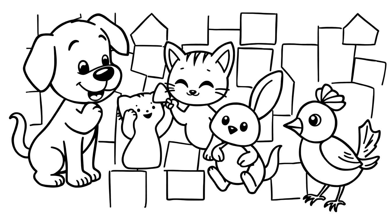 A whimsical color panel featuring a mosaic of cute animals, including a dog, two cats, a bunny, and a bird, all looking happy and ready to be colored in. The background is a simple pattern of squares and house shapes.