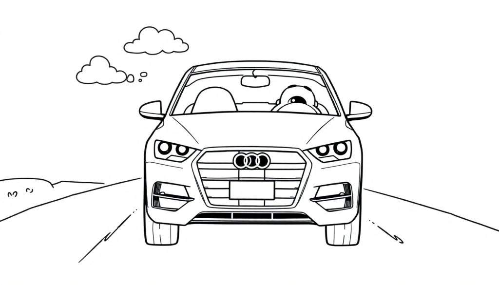 A black and white color panel of a cute Audi car with a happy face, driving on a road.