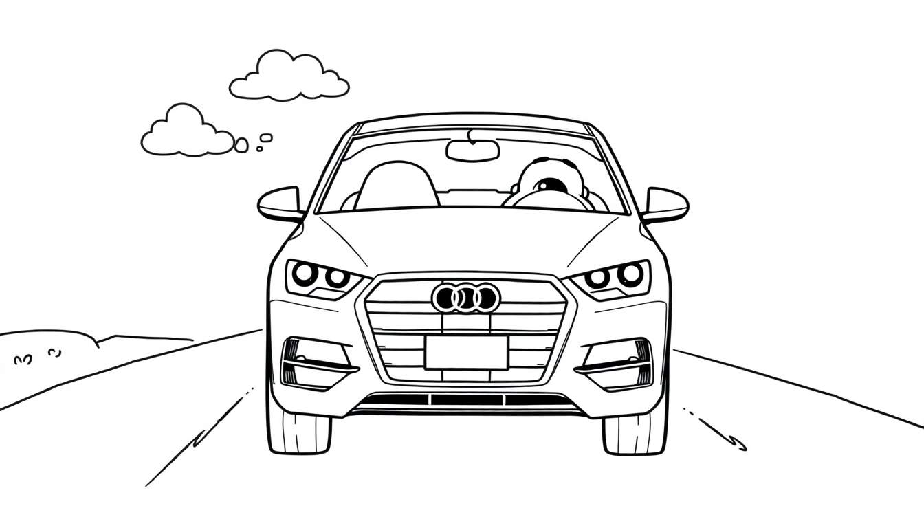 A black and white color panel of a cute Audi car with a happy face, driving on a road.