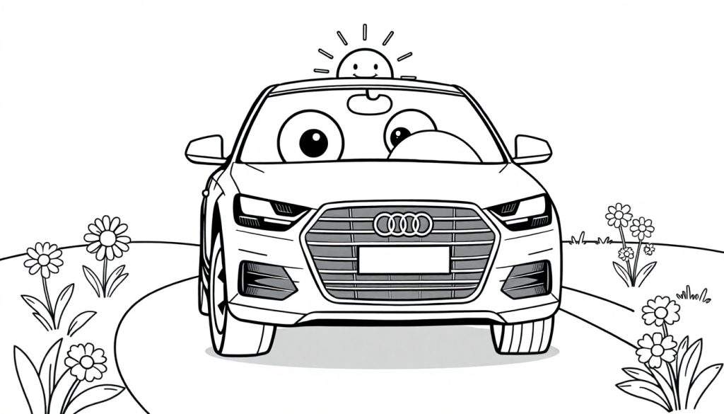 A cute black and white cartoon Audi car with big happy eyes and a smiling sun on its roof, ready for kids to color in this color panel.