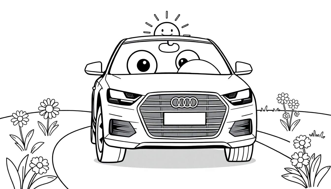 A cute black and white cartoon Audi car with big happy eyes and a smiling sun on its roof, ready for kids to color in this color panel.