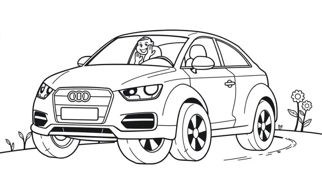 A cute black and white drawing of an Audi car with big wheels, driven by a happy person waving, on a road with a flower bush. A fun color panel for kids.