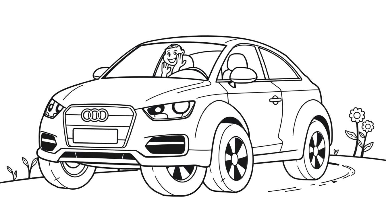 A cute black and white drawing of an Audi car with big wheels, driven by a happy person waving, on a road with a flower bush. A fun color panel for kids.