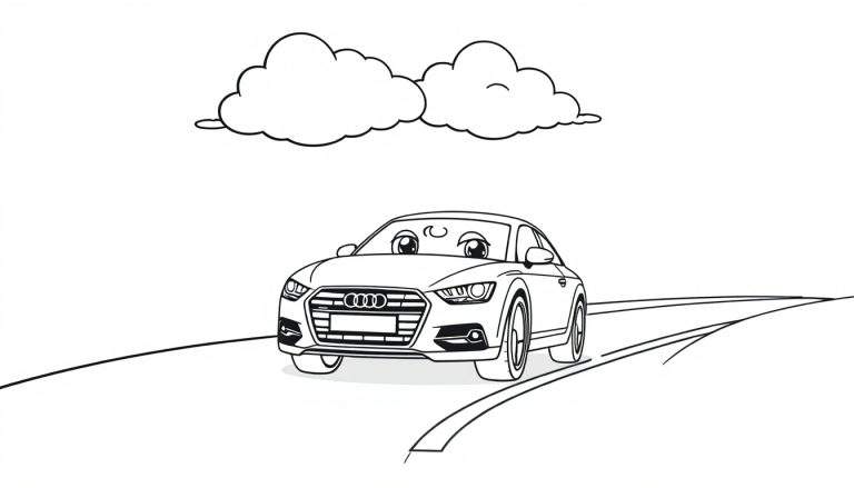 A cute cartoon Audi car with big eyes driving on a road, a black and white coloring panel for kids.