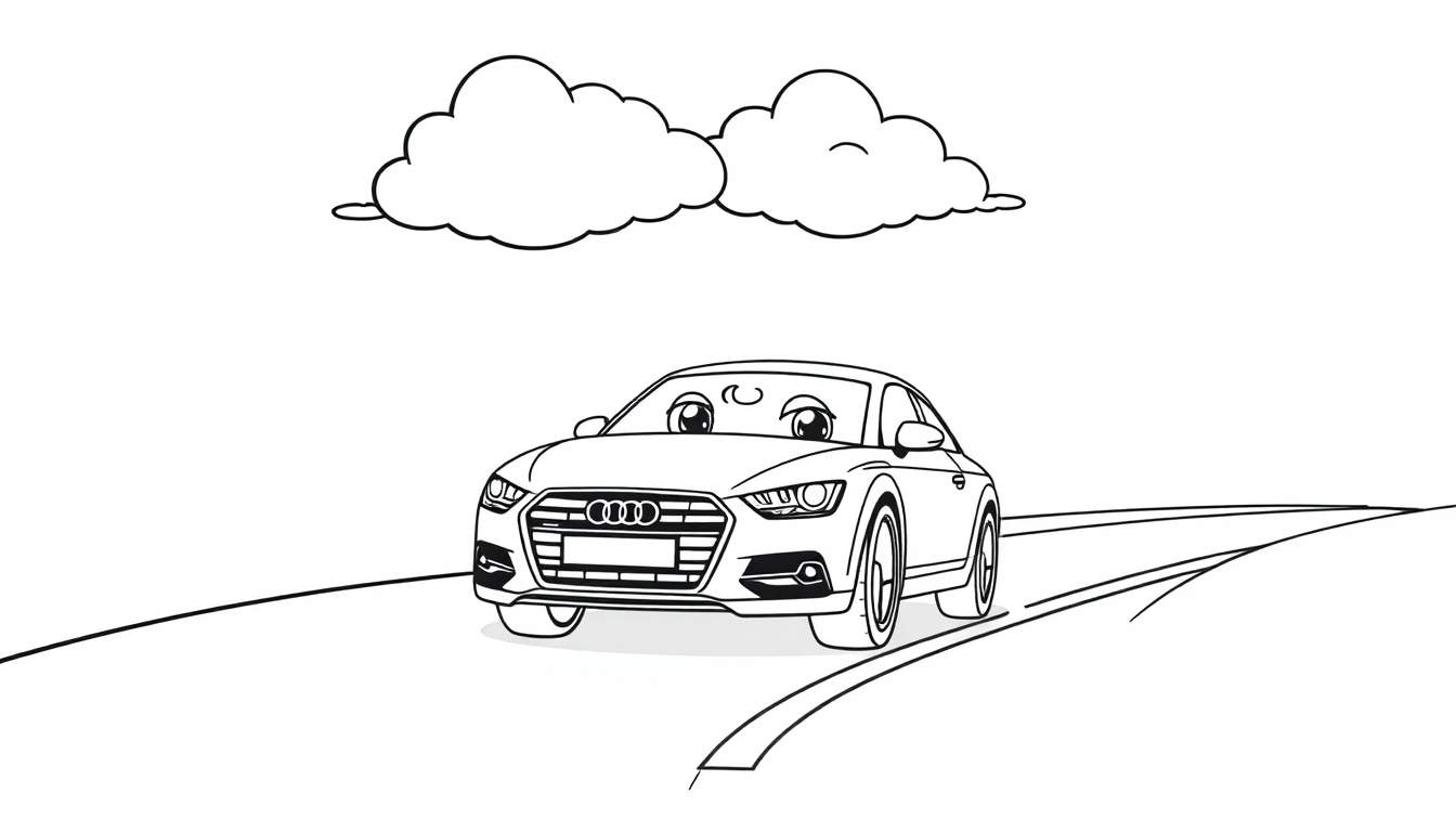 A cute cartoon Audi car with big eyes driving on a road, a black and white coloring panel for kids.