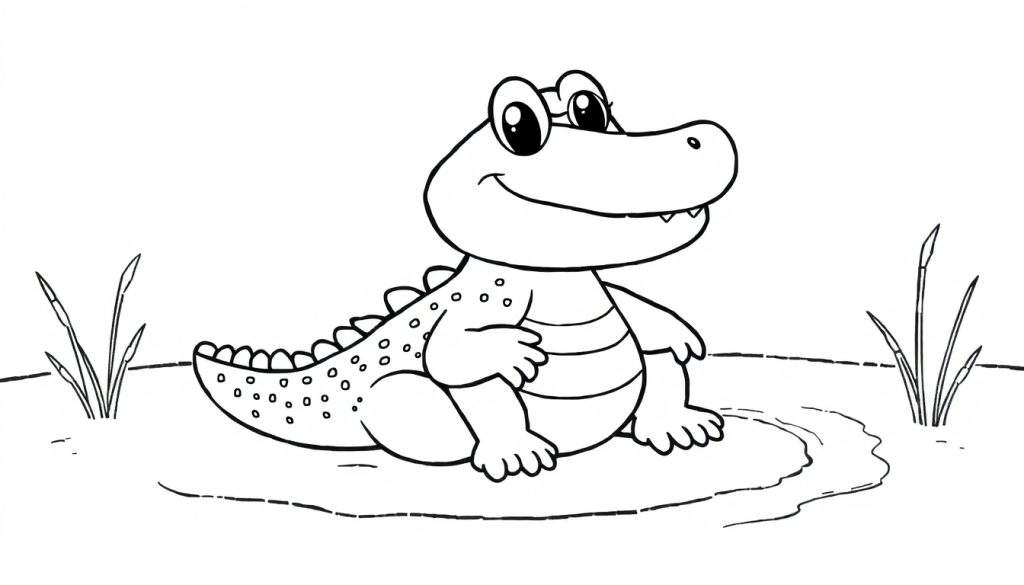 A friendly baby crocodile in a black and white color panel, ready for adventure.