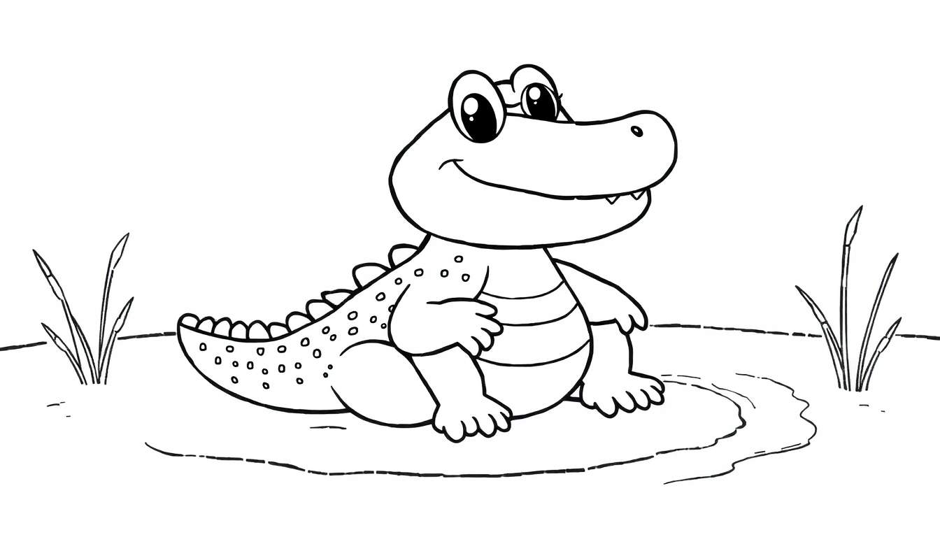A friendly baby crocodile in a black and white color panel, ready for adventure.