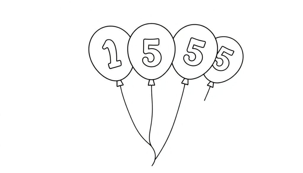 A happy bunch of balloons floating up, numbered 1 to 5. This is a black and white outline color panel, perfect for coloring.