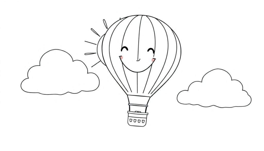 A cute, smiling hot air balloon in a black and white color panel, ready for coloring.